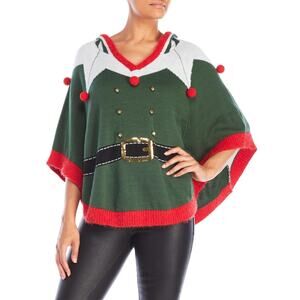 Festive Knit Christmas Elf Hooded Poncho Cape 0X/1X